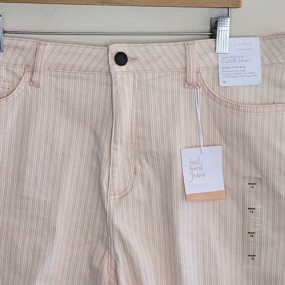 NWT LC Lauren Conrad | Peach Railroad Stripe High Rise Cutoff Shorts Size 18 - Picture 2 of 5